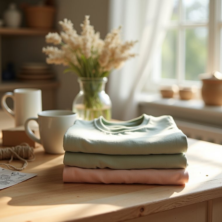 Folded sage, ivory and blush tees on a sunlit kitchen table with coffee and wildflowers